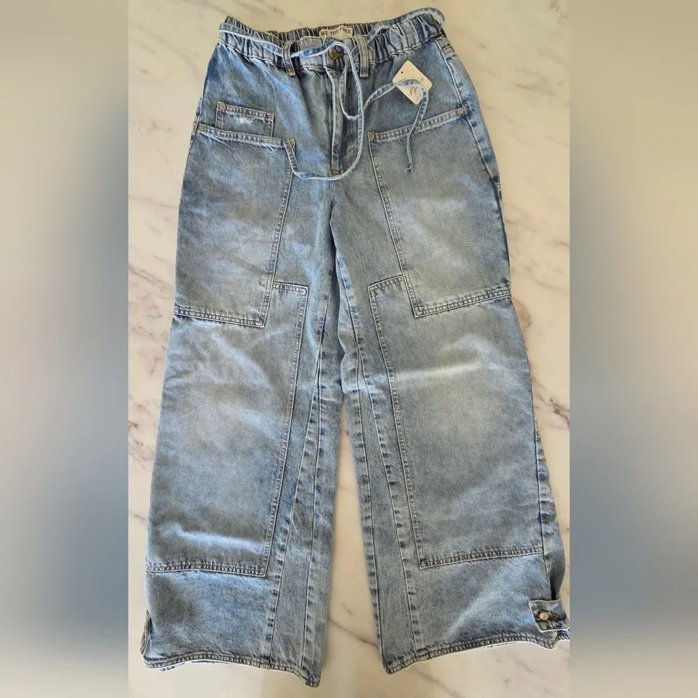 Free People We The Free Curvy Outlaw Wide‎ Leg Denim Jeans Tie Front